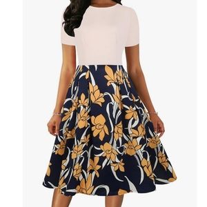 Floral Midi Dress in Navy and Yellow